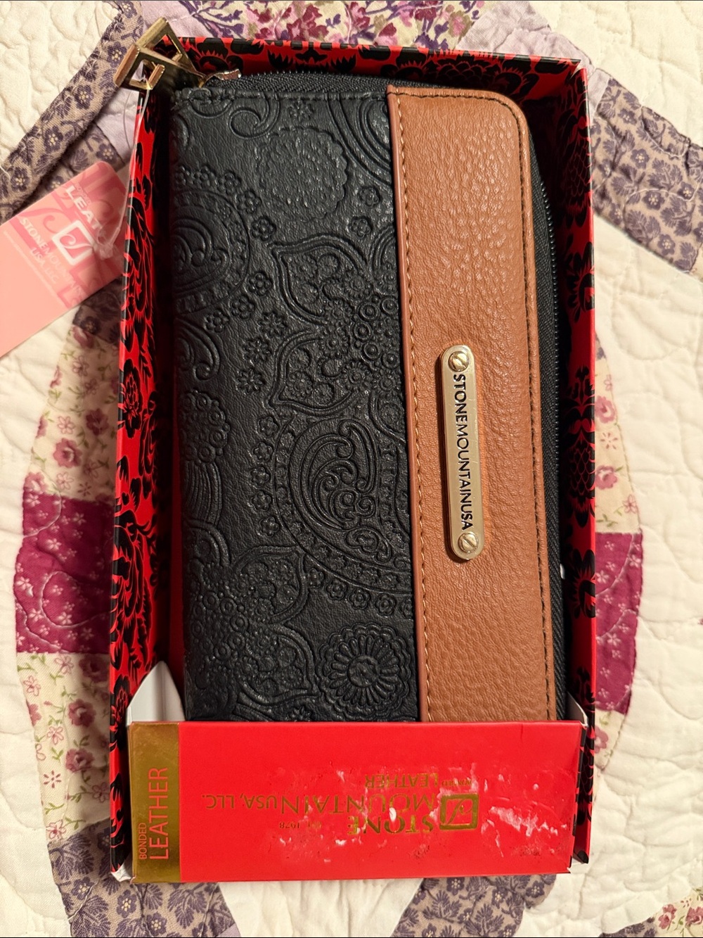 Stone Mountain Black & Tan Embossed Paisley Shoulder Bag - Bonded Leather